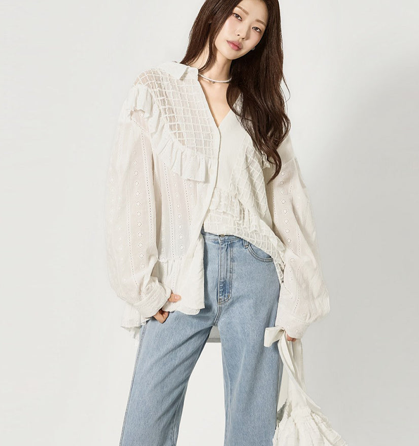 S857 荷叶边拼接V领衬衫