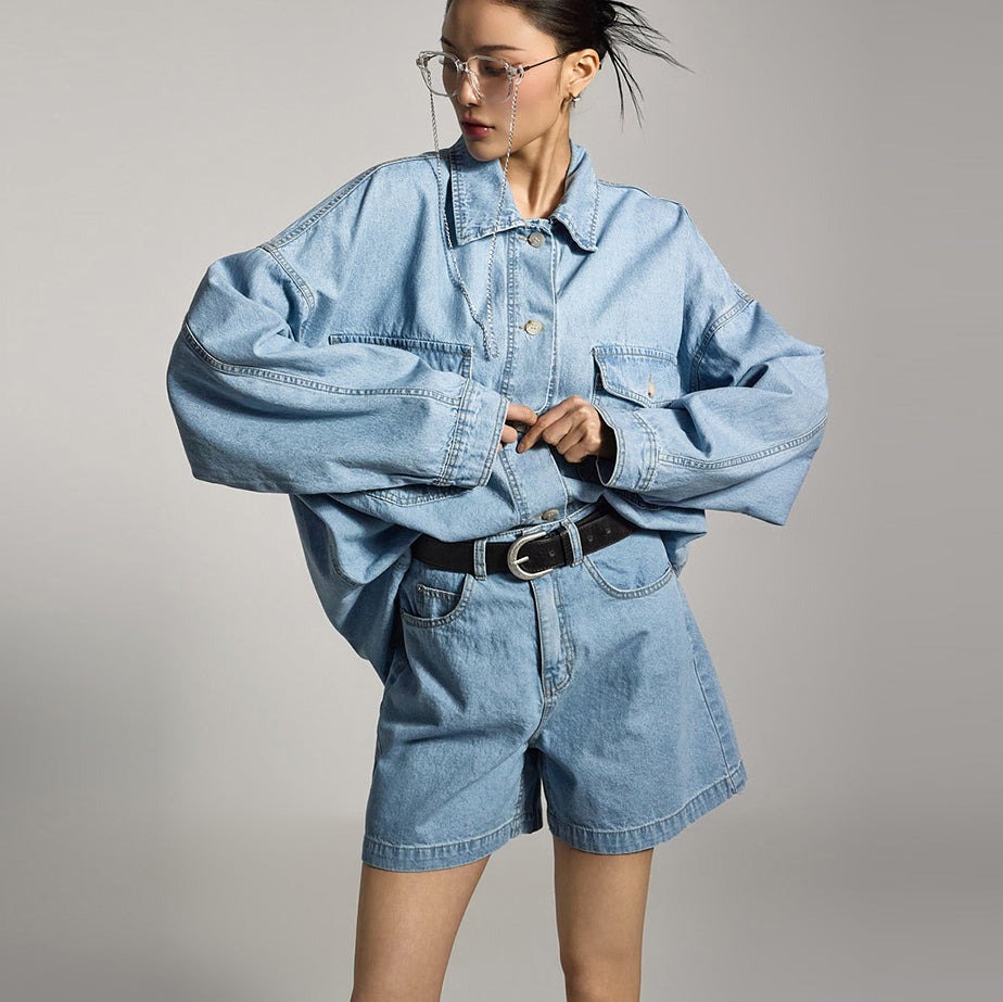 TP2125 牛仔衬衫和短裤套装