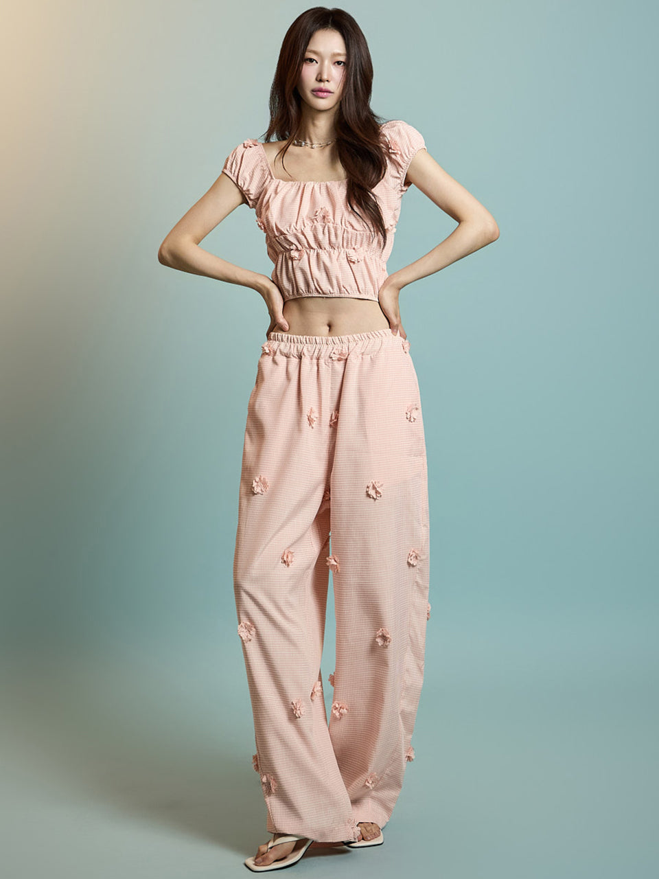 TP2173 チェック柄トップス&パンツセット