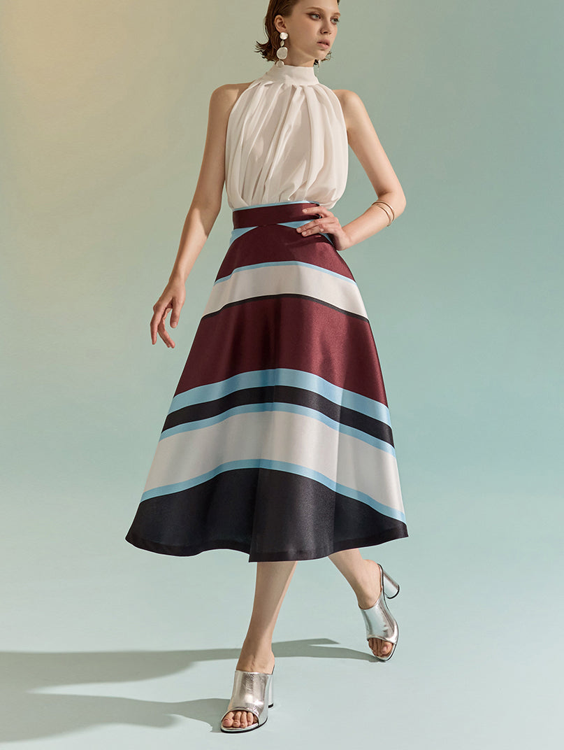 SK2509 亮面条纹喇叭中裙
