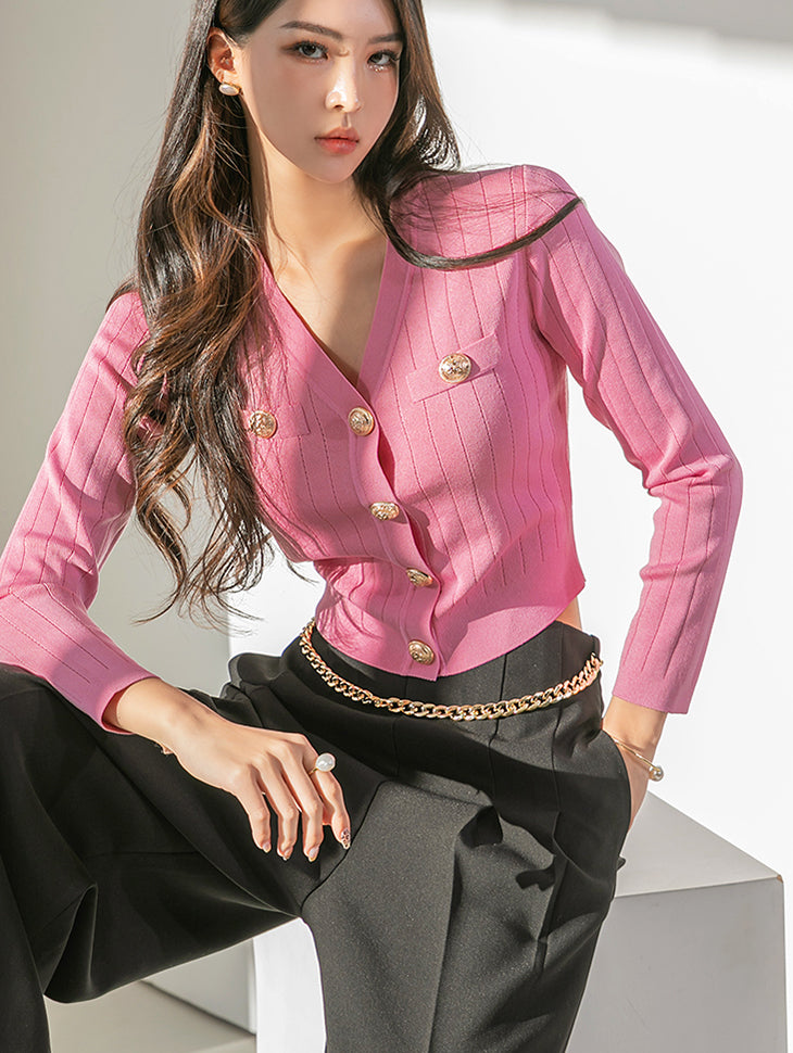 Contrast Gold Button Knit Cardigan