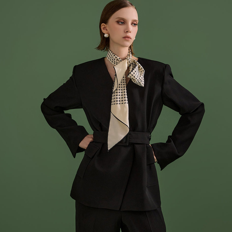 J1966 Belted Collarless Jacket