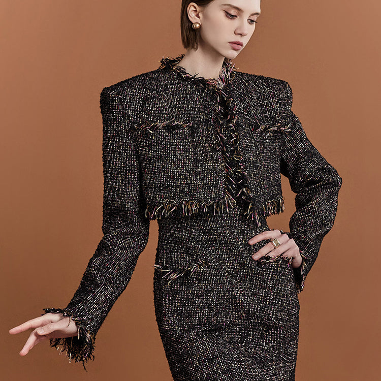 J9276 Tweed Fringe Crop Pad Single Jacket