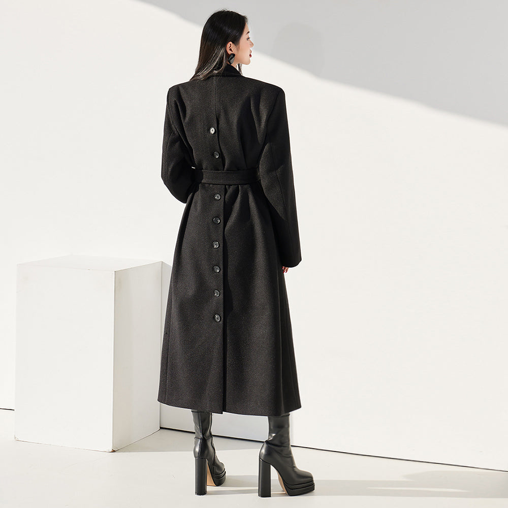 J1687 Back Button Long Coat With Belt