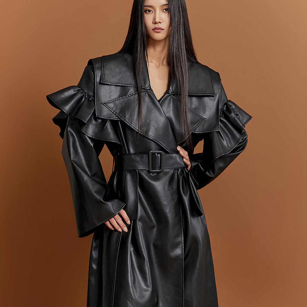 J9274 Leather Big-collar Coat with Belt