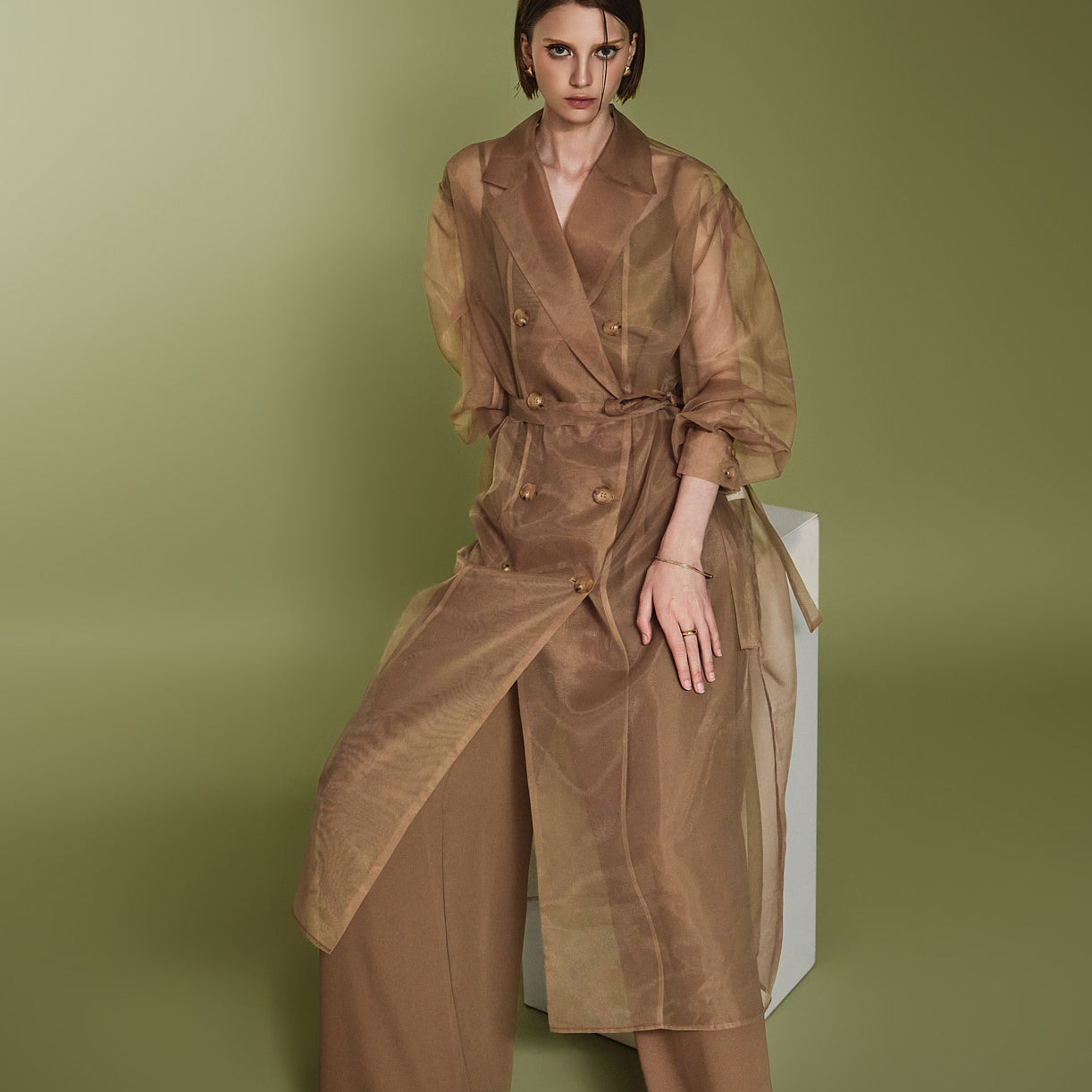 J2373 Belted Sheer Mesh Coat