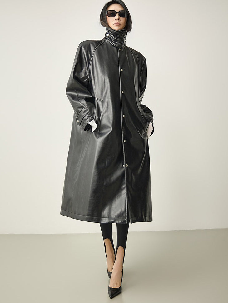 J3304 Snap Button Leather Coat