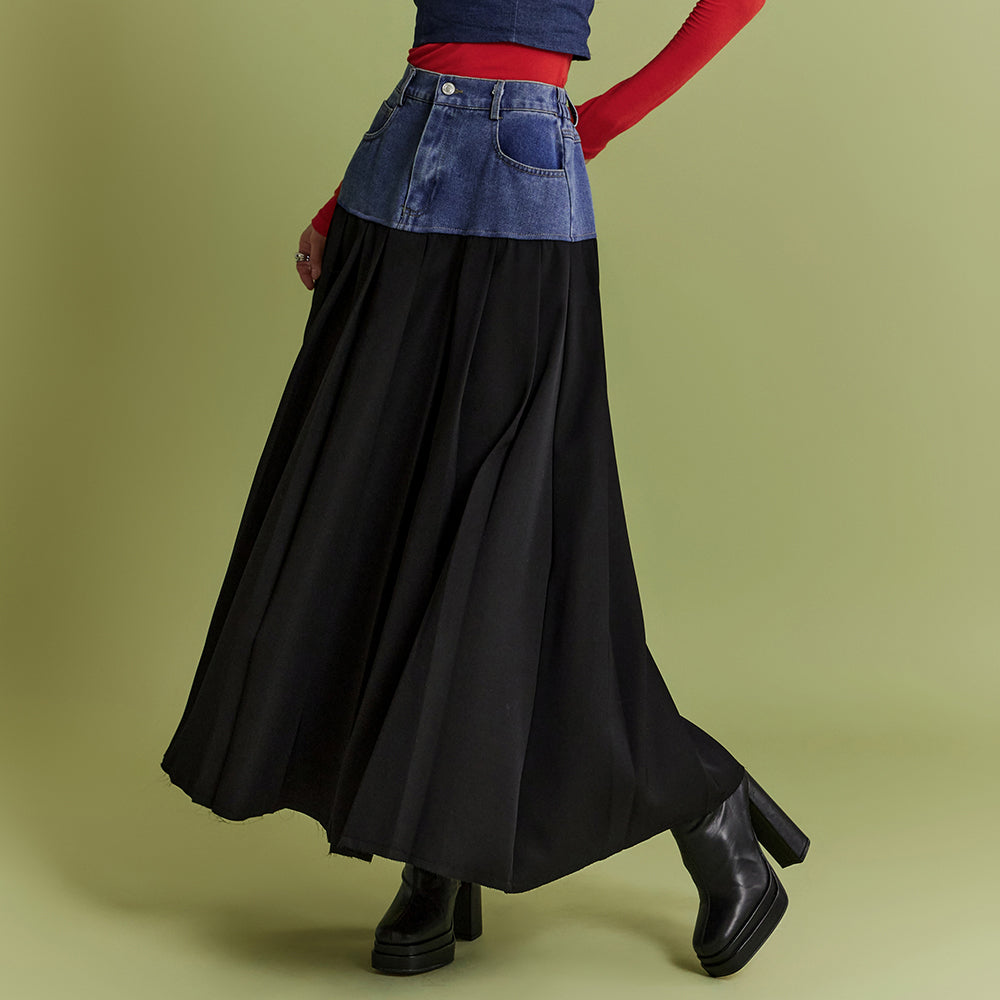 SK2643 Denim Pleats Long Skirt
