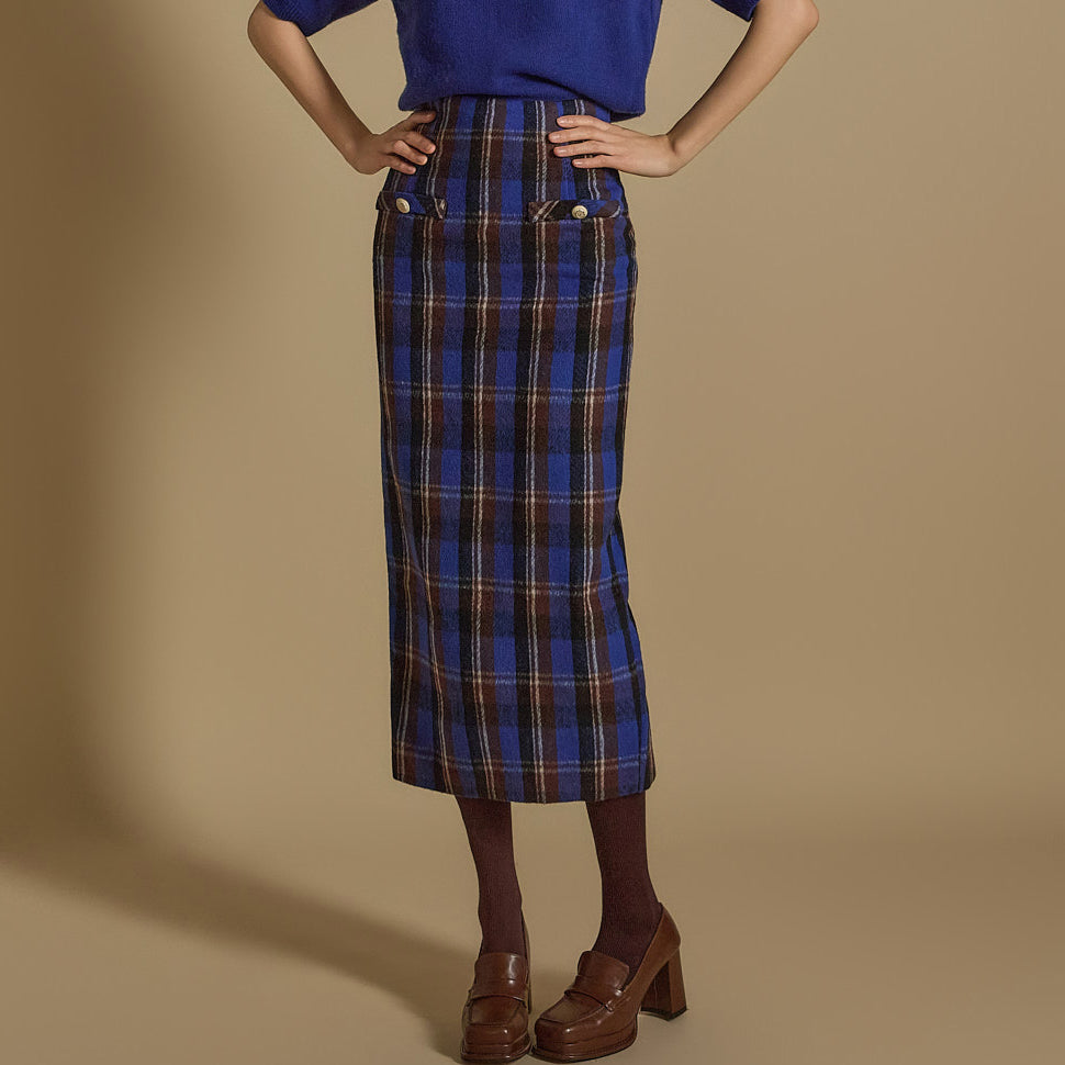 SK2896 Button Plaid Skirt