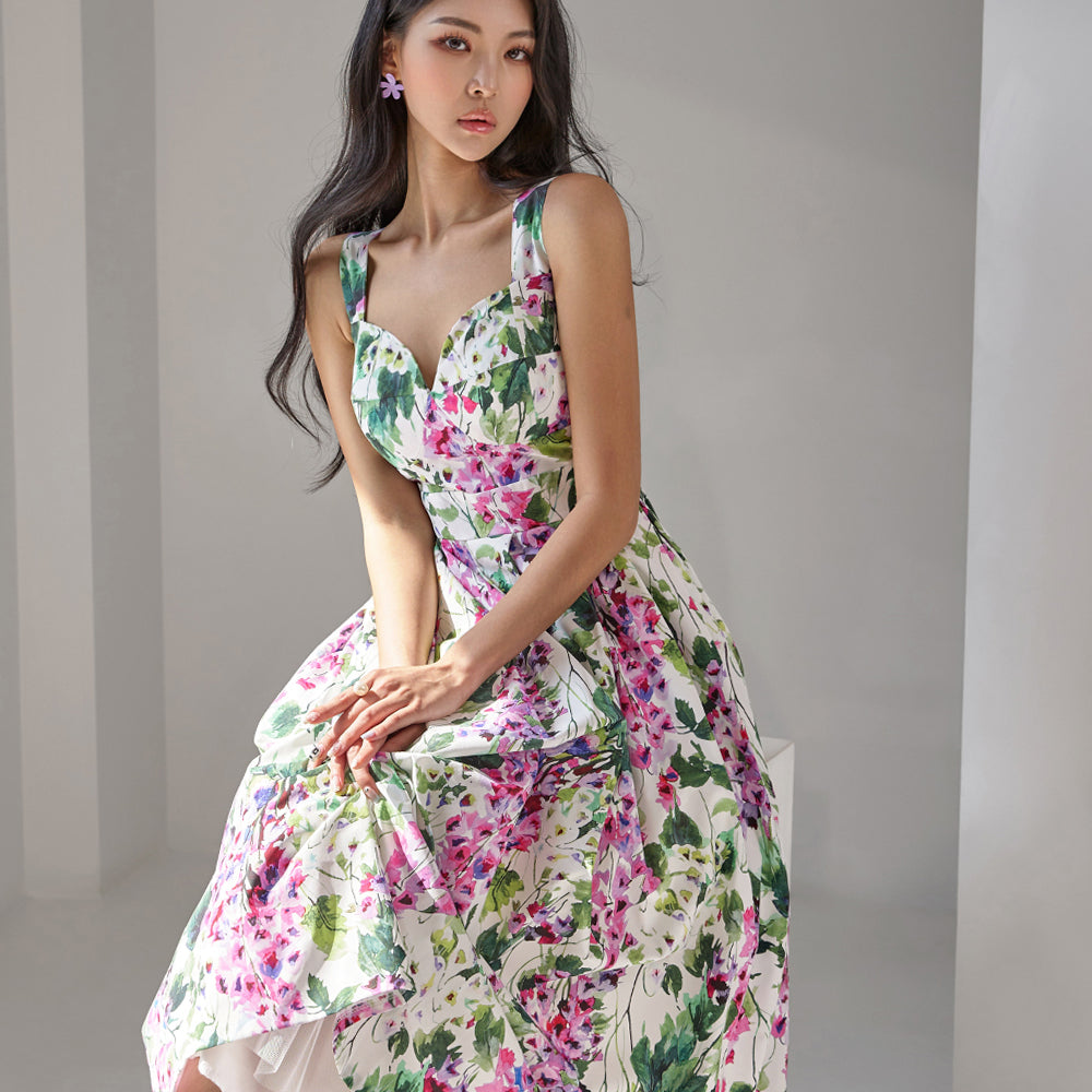 D9362 Flower Tube Top Sleeveless Midi Dress