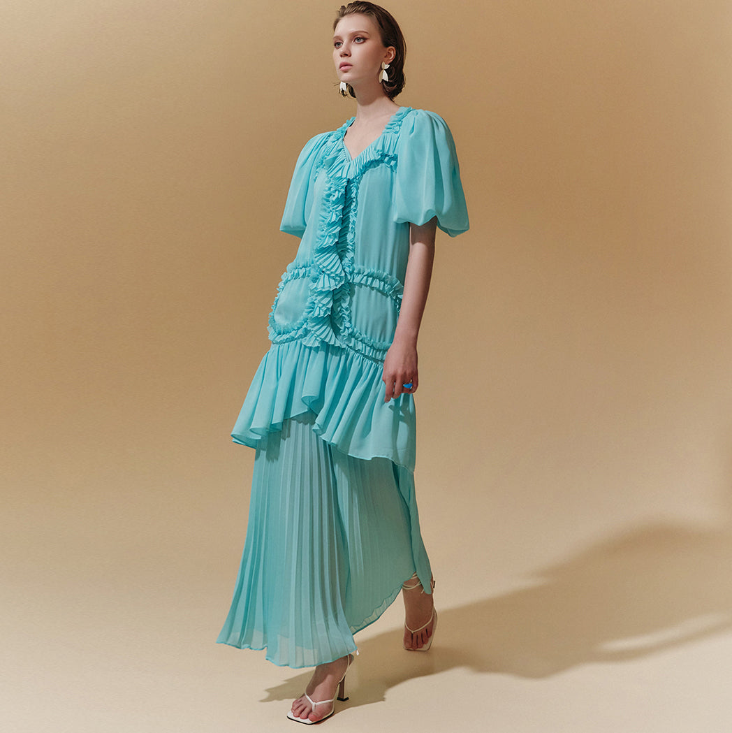 D9383 Frill Puff Pleats Long Dress