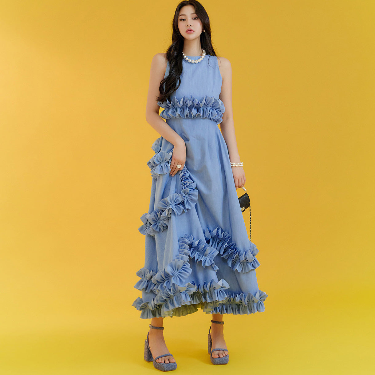 D9434 Denim Frill Sleeveless Dress