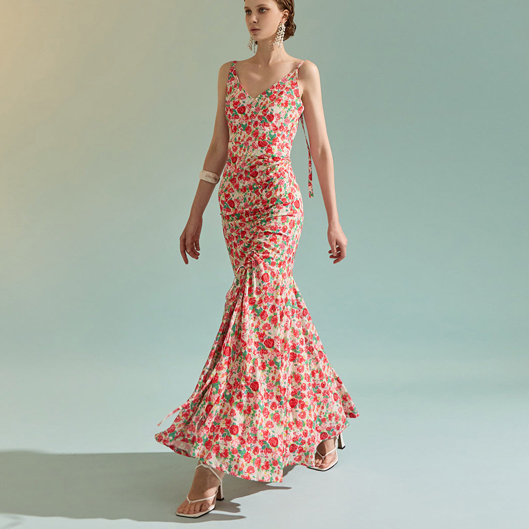 D9444 Floral Shirring Maxi Dress