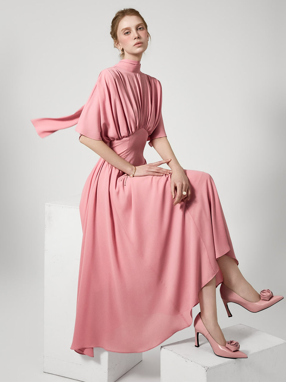 D9556 Shirring Dress with Scarf