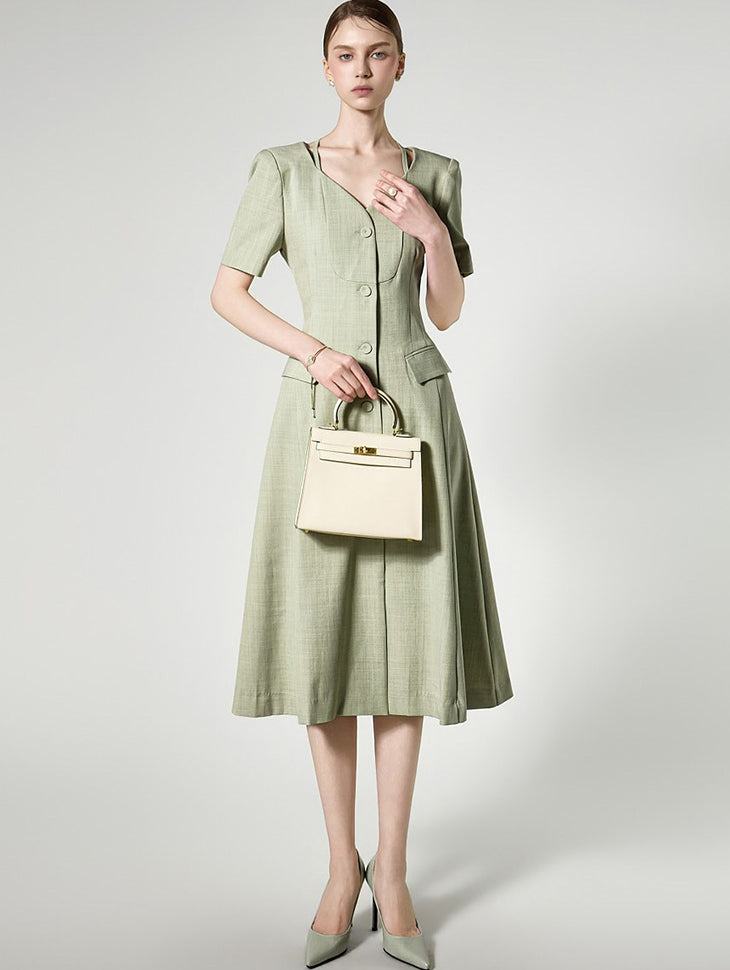 D5513 V-Neck Button Flare Dress