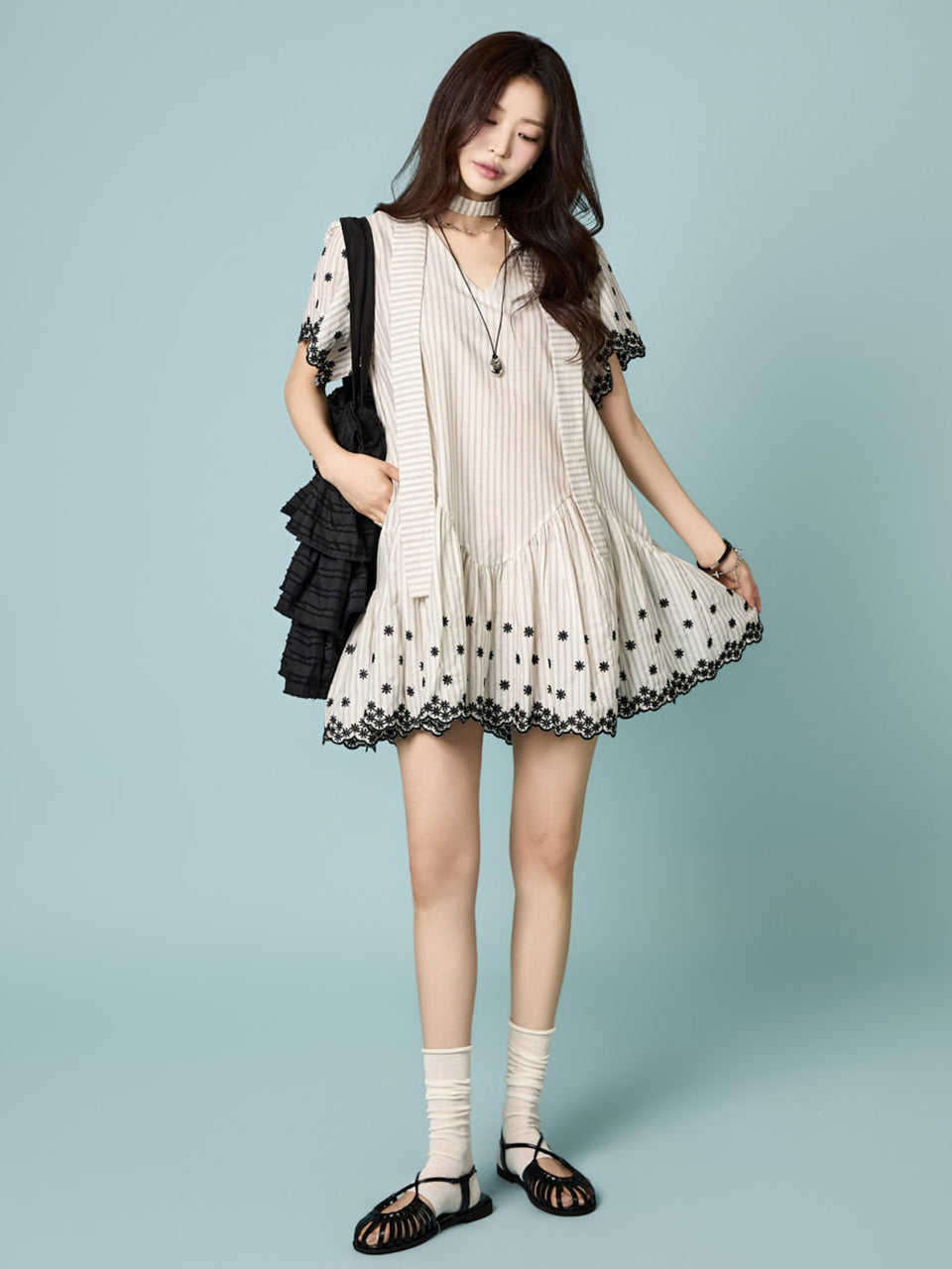 D5561 Striped Embroidered Dress