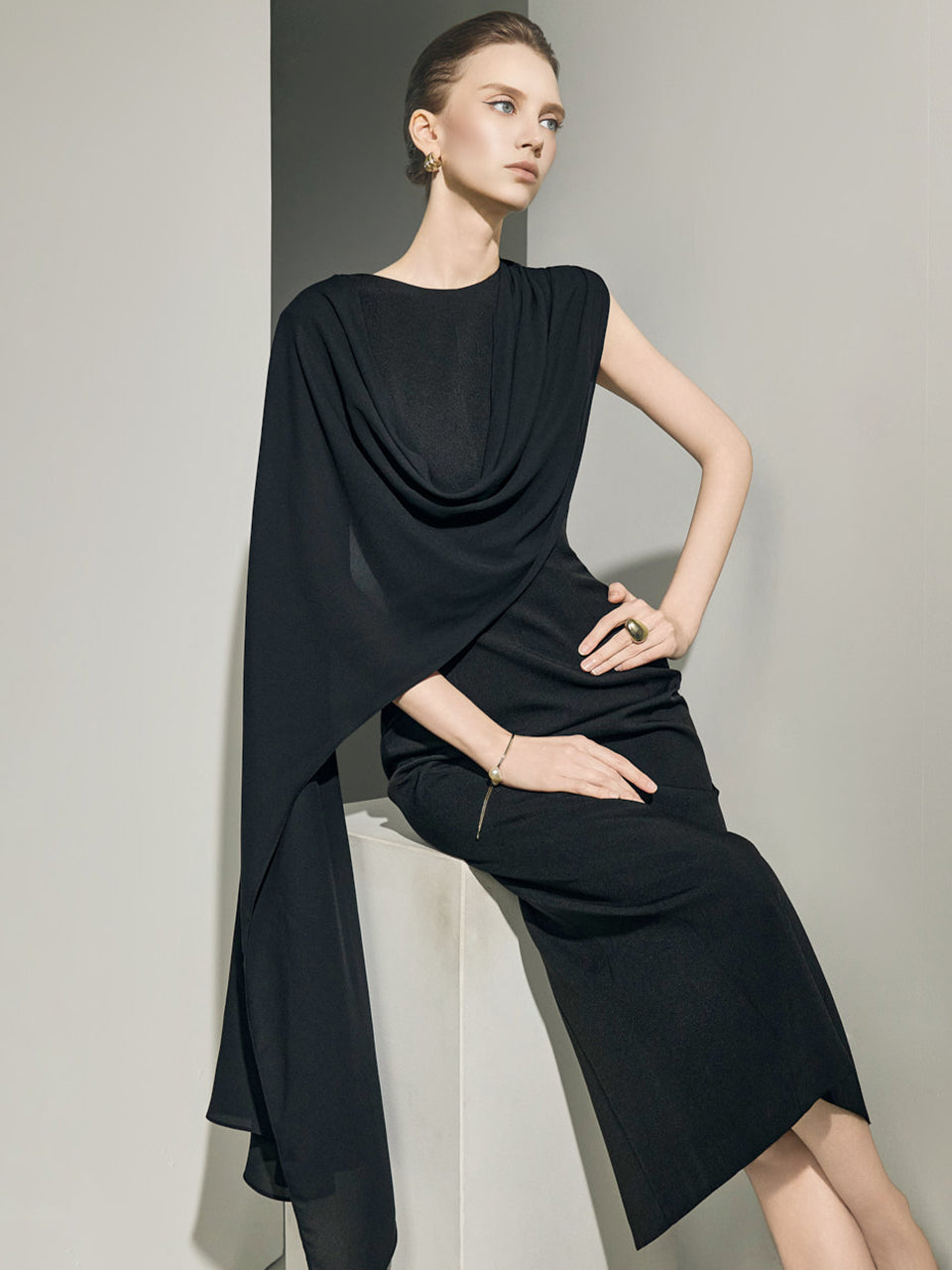 D9638 Drape Cape Dress