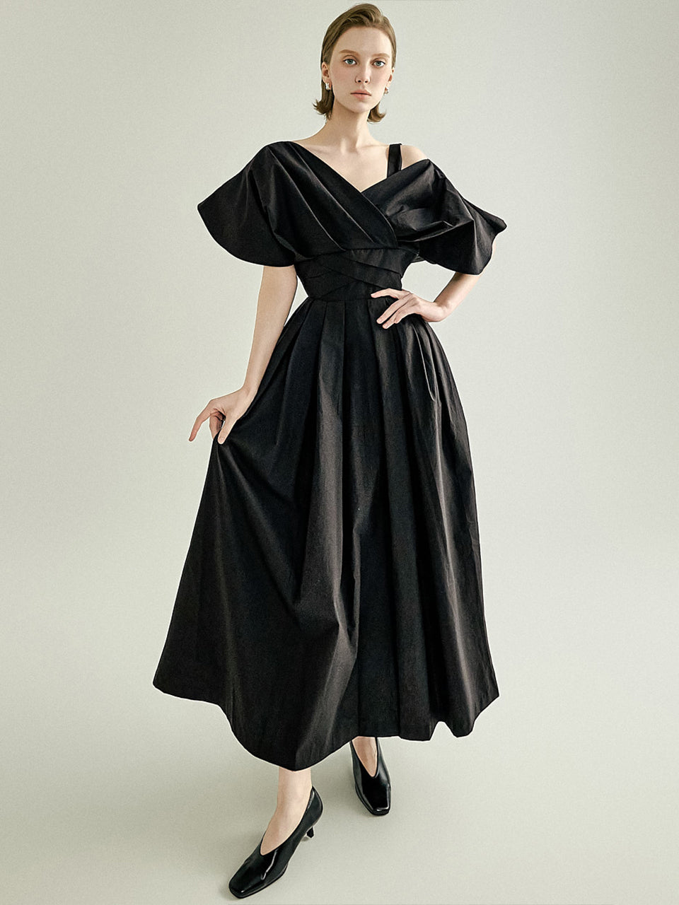 D9648 Drape Wrap Flare Dress
