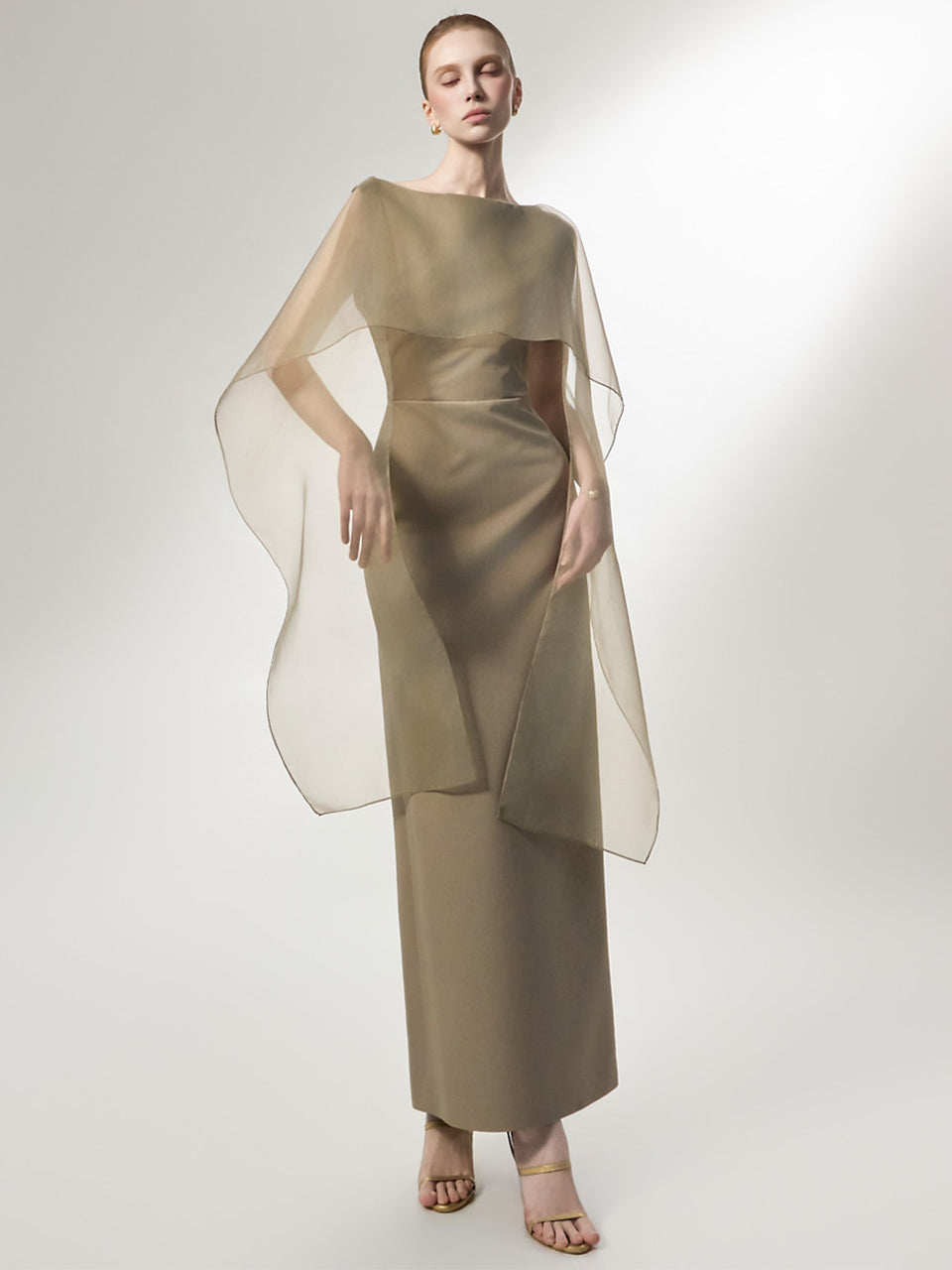 D9587 Chiffon Cape Maxi Dress