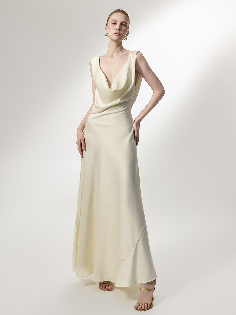 D5467 Cowl Neck Satin Dress