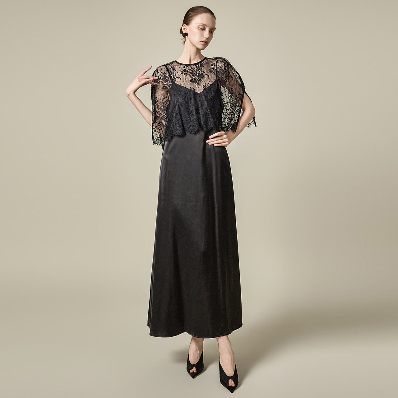 D5611 Lace Cape Dress