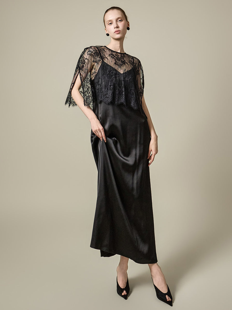 D5611 Lace Cape Dress