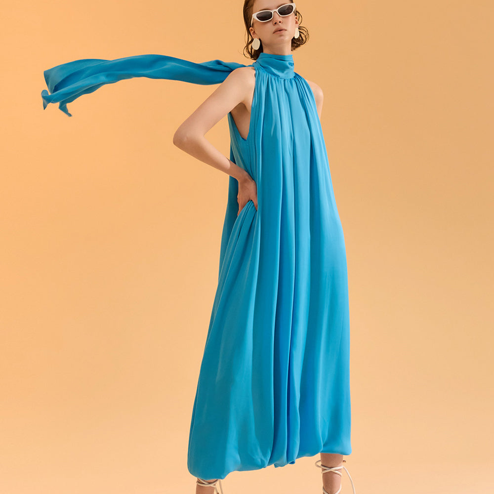 D9443 High-neck Scarf Shirring Long Dress