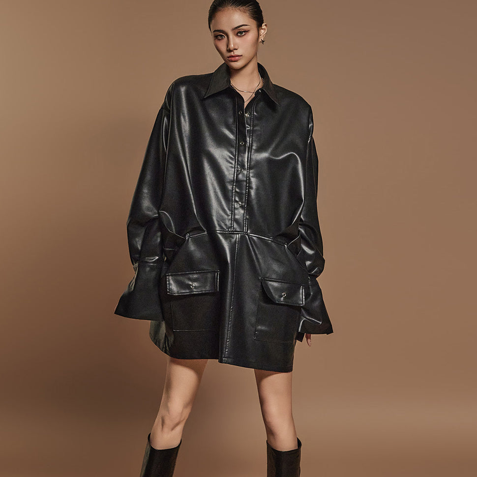 D5122 Leather Shirt Mini Dress