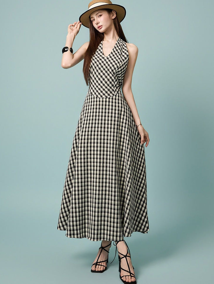 D5627 Check Halter Dress