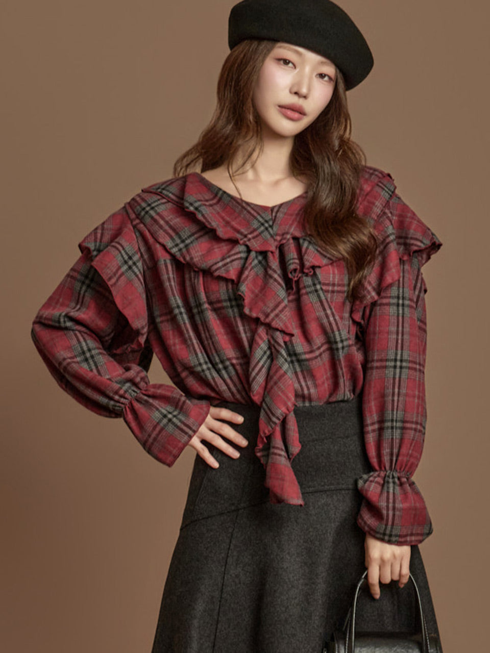 B3153 Check Frill Blouse
