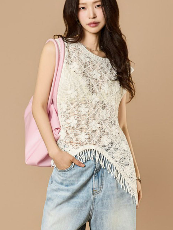 E4237 Flower Crochet Fringe Knit