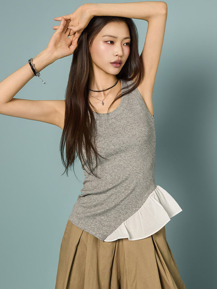 E4367 Asymmetrical Frill Sleeveless Top