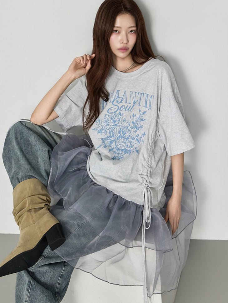 E4377 Lettering Chiffon Frill Top