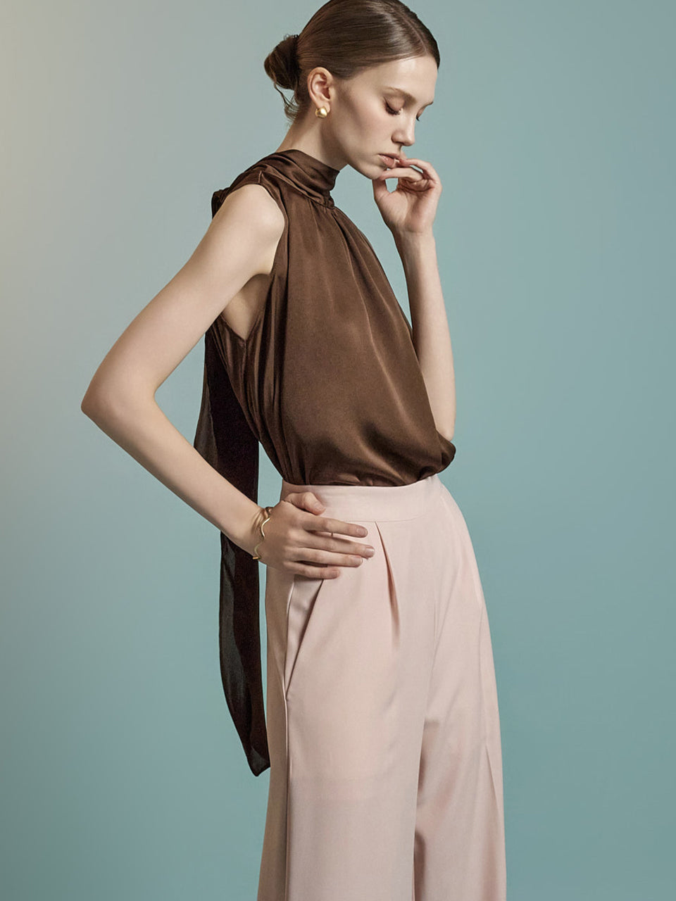 B2250 Ribbon  Halter Neck Blouse