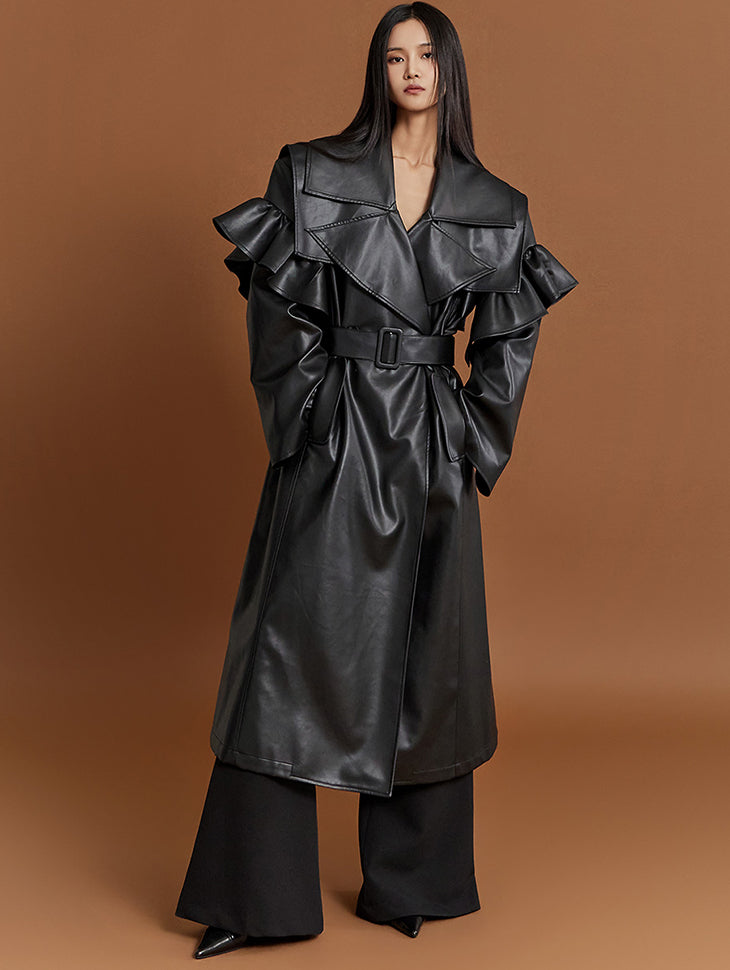 J9274 Leather Big-collar Coat with Belt