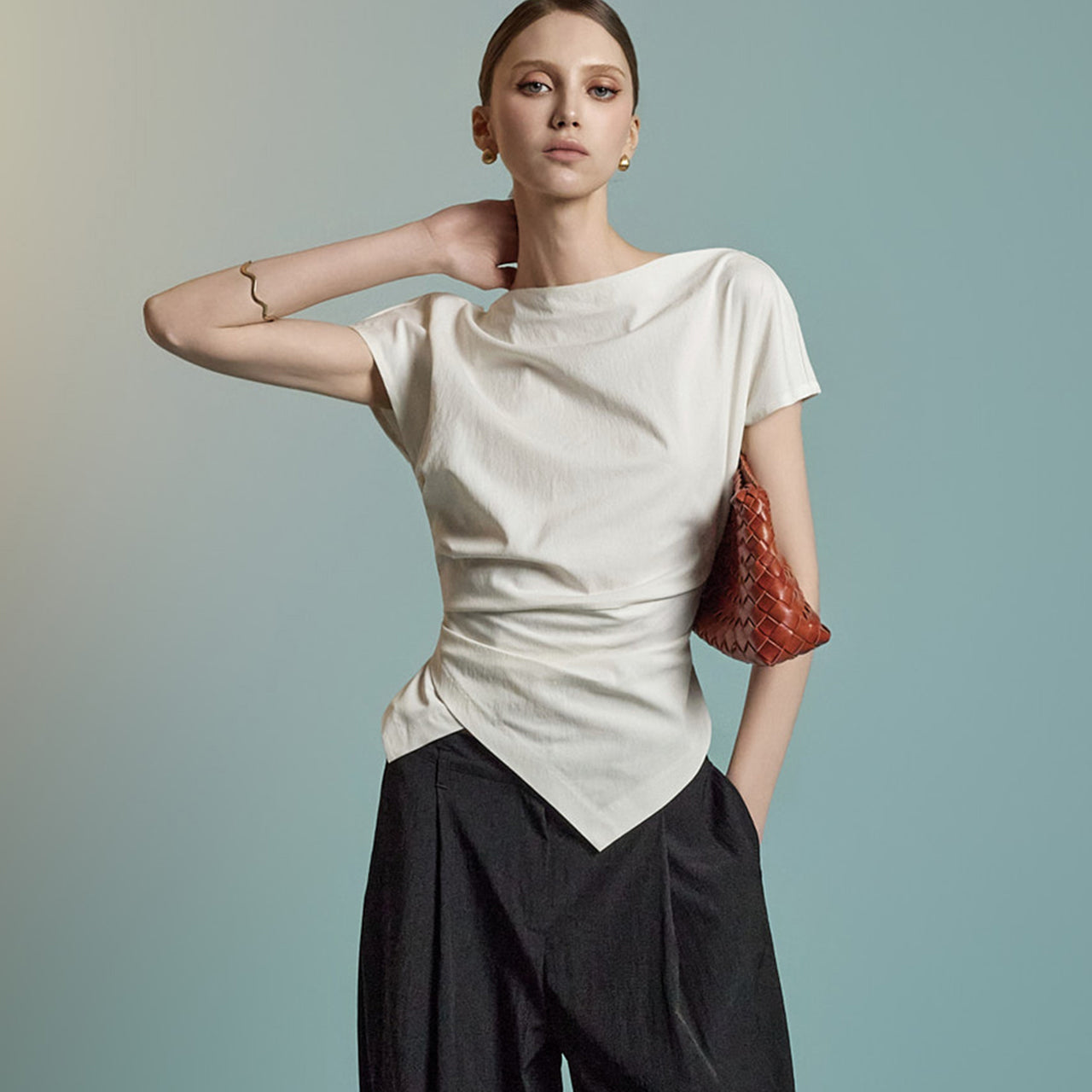 B3126 Asymmetric Shirring Blouse