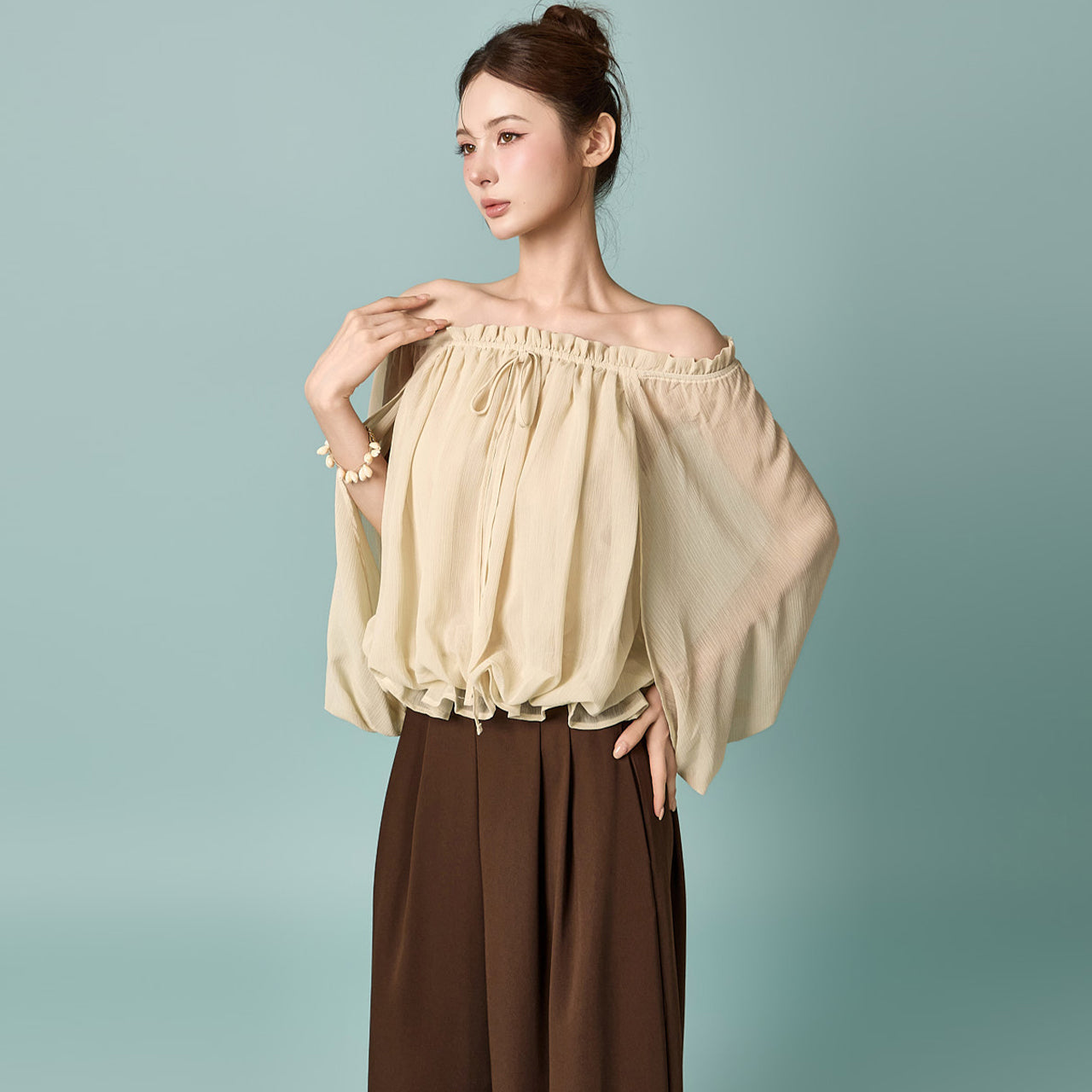 B3238 Off-Shoulder Shirred Blouse
