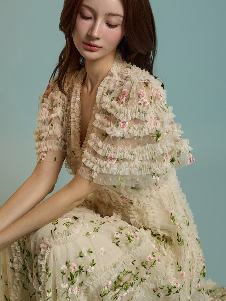 Flower V-neck Frill Tulle Maxi Dress D4631 | DINT Flower V-neck Frill Tulle Maxi Dress D4631 | DINT