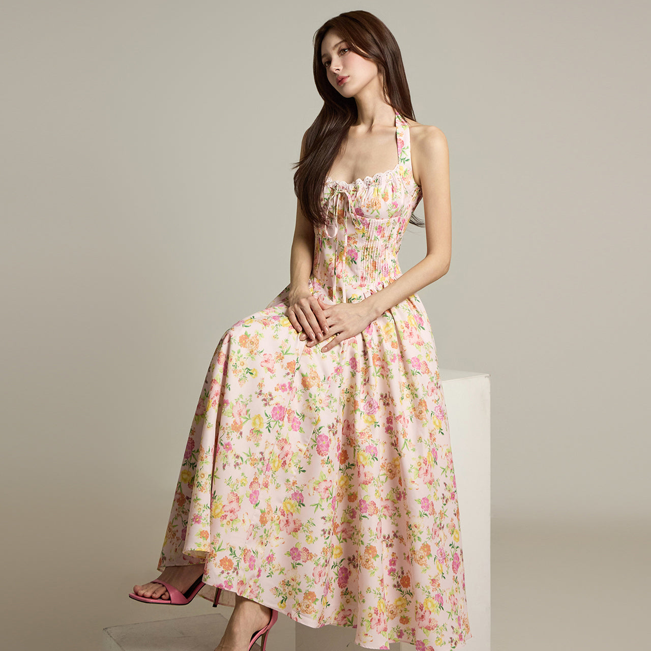 D5246 Flower Pattern Halterneck Dress