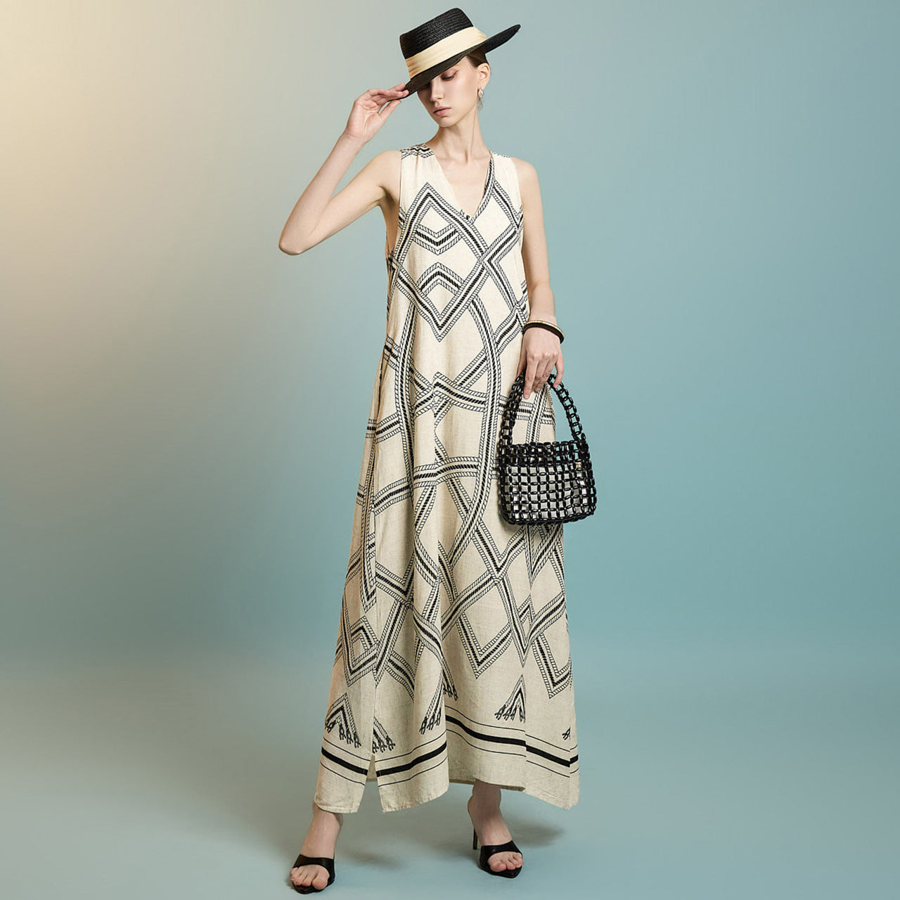 D5287 图案无袖连衣裙