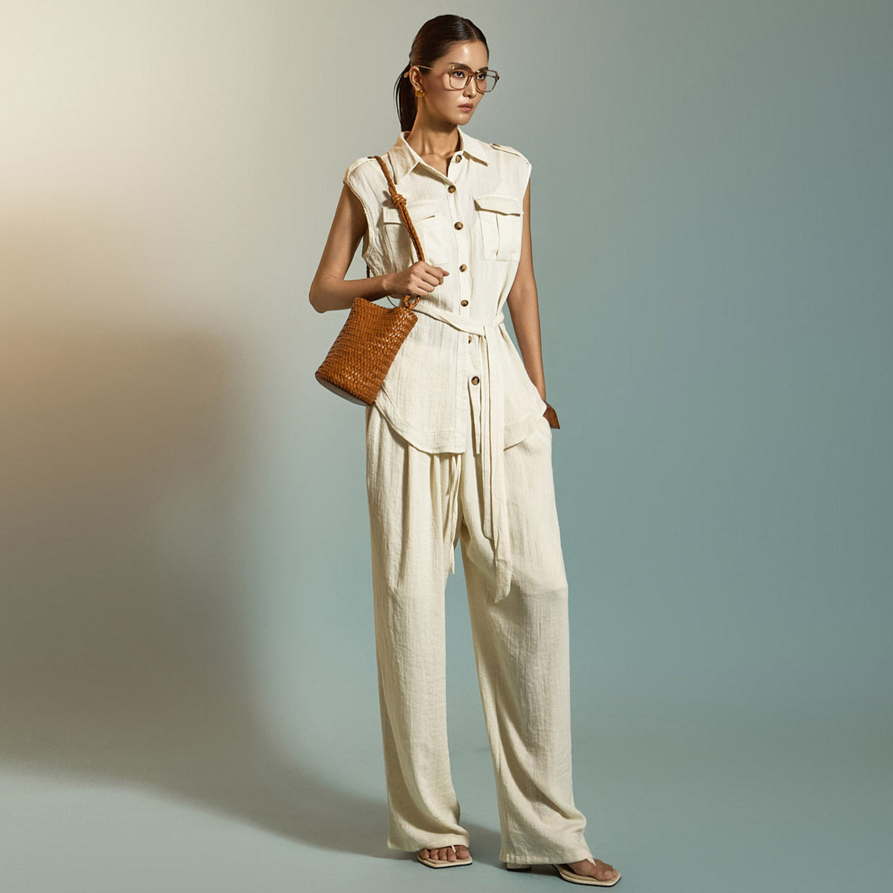 D5315 亚麻两件套（含腰带） 