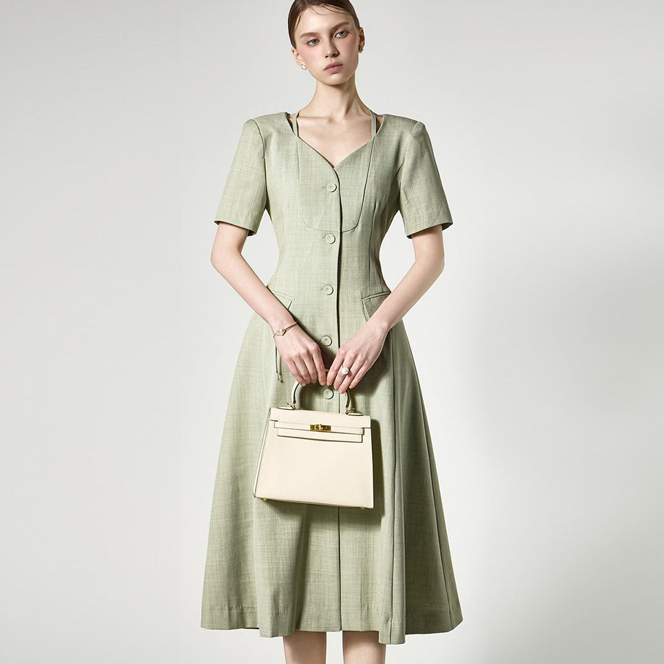 D5513 V-Neck Button Flare Dress