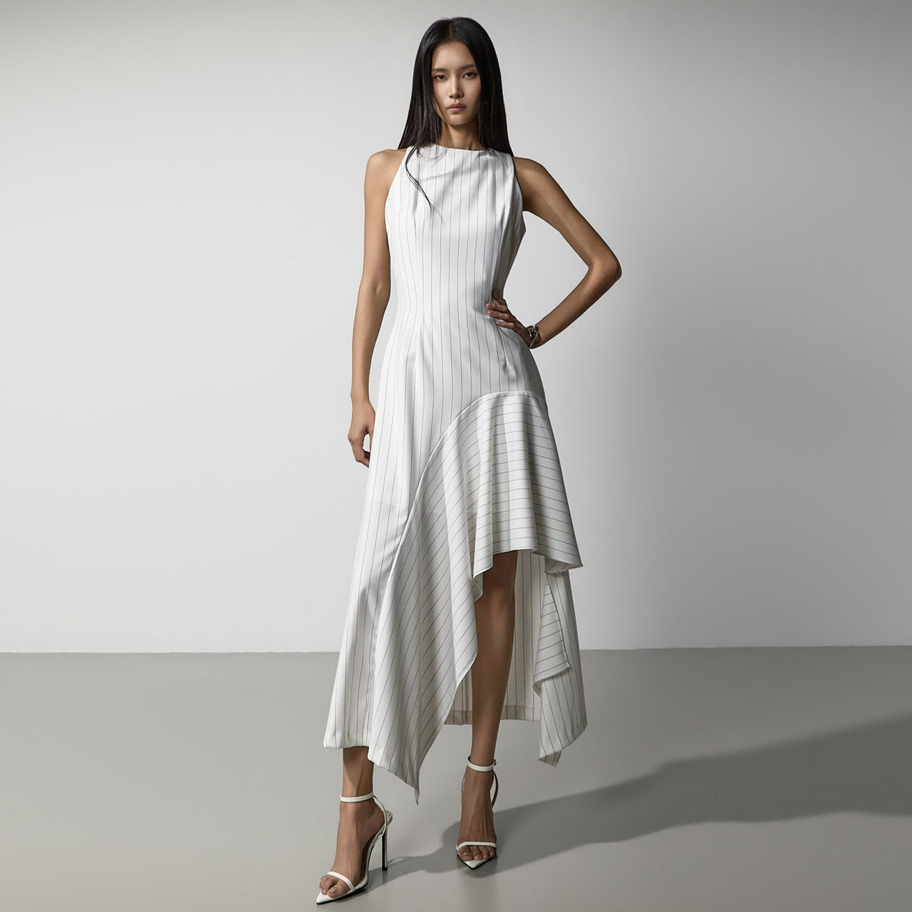 D9612 Striped Asymmetrical Flare Dress