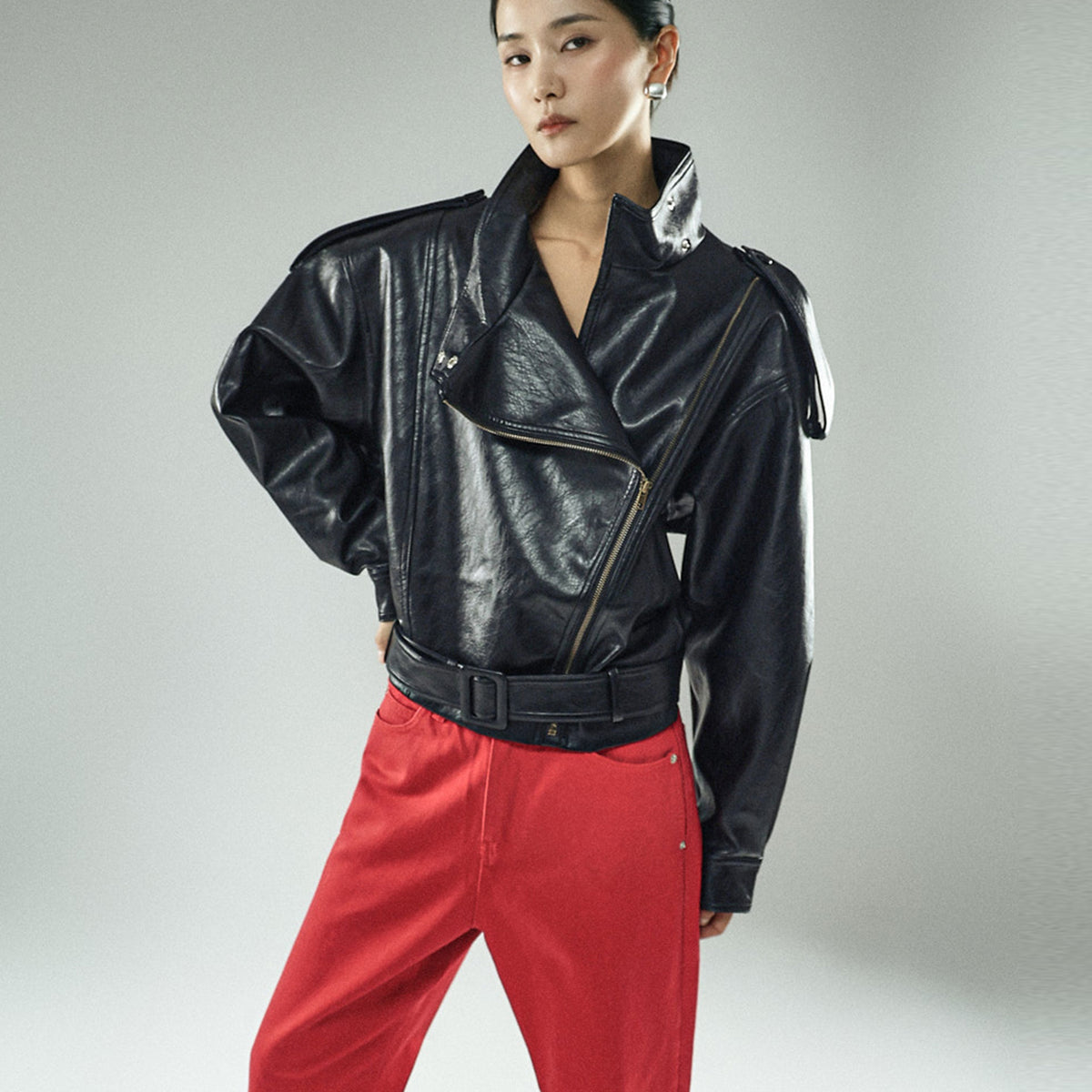 J3284 High-Neck Belted Jacket