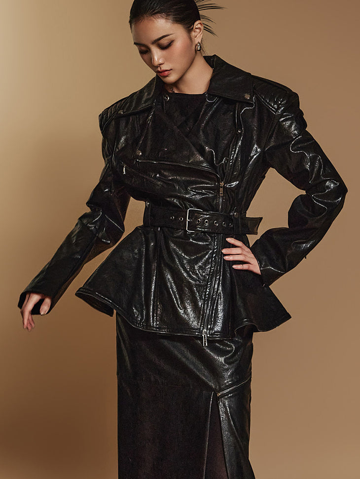 J9256 Crackled Leather Belted Jacket