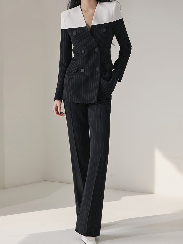 TP1109 Stripe Collarless Double Jacket Suit Set