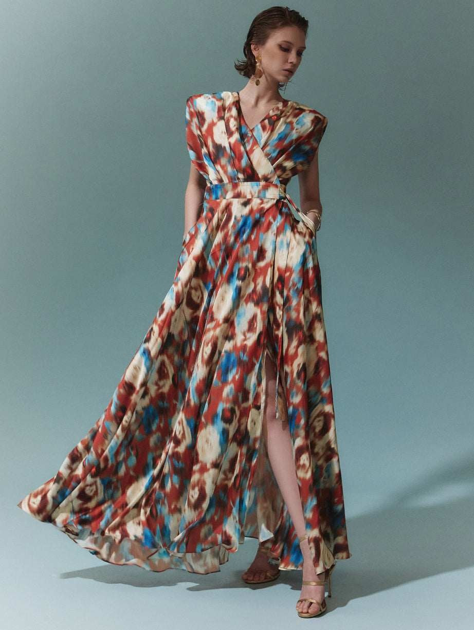 D9432 Tie-dye Sleeveless Wrap Long Dress