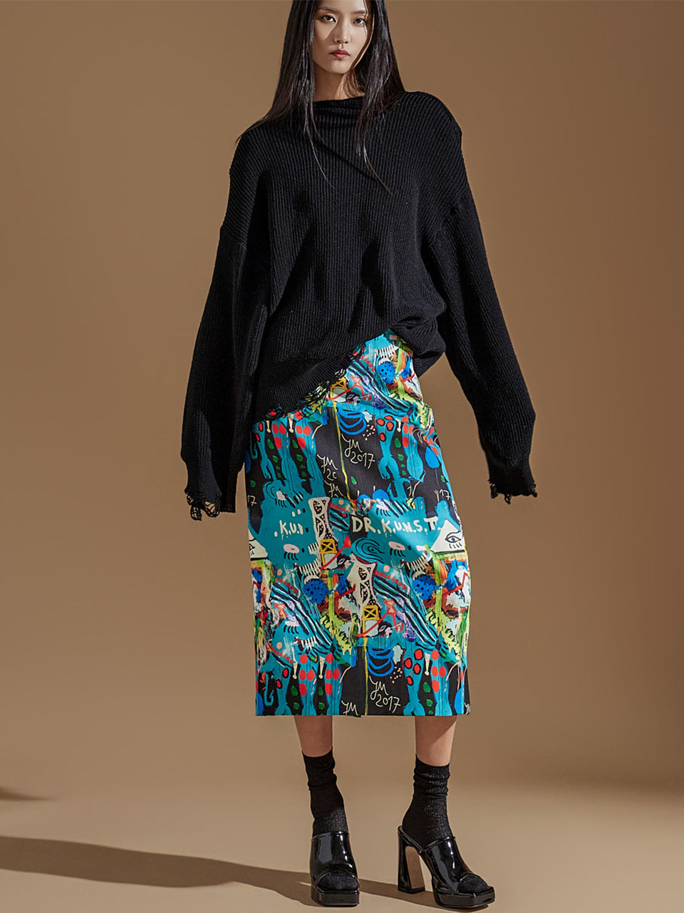 SK2699 Diagonal Printed Midi Skirt