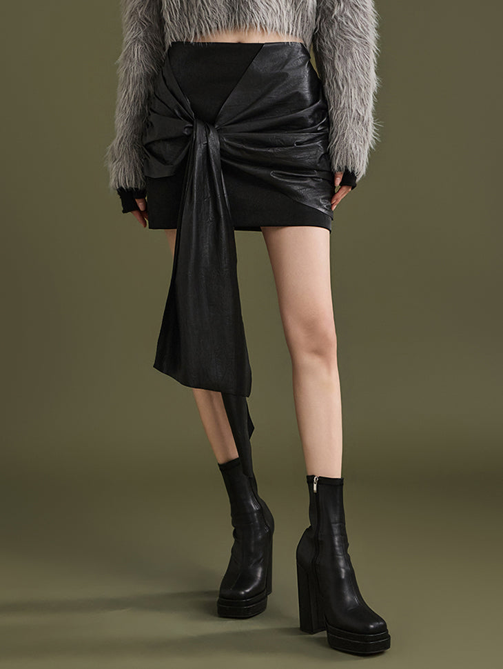 SK9228 Leather Low Waist Knot Mini Skirt