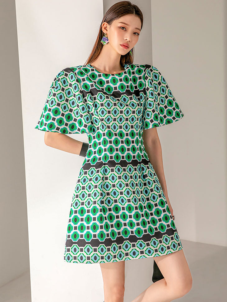 D4461 Pattern Puff Sleeve Mini Dress